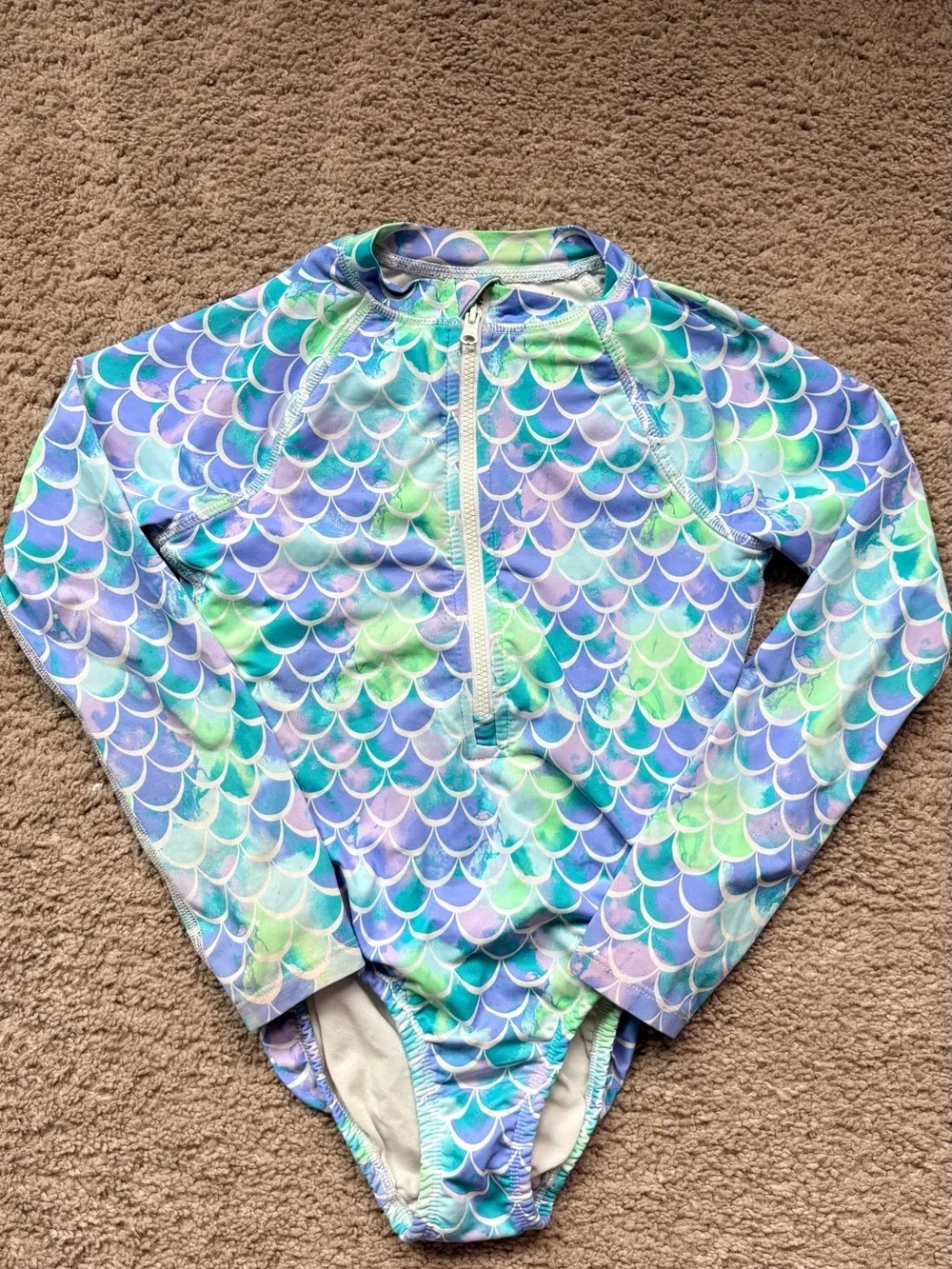 Kids Long Sleeve Mermaid Scale Rash Guard One-Piece Swimsuit - Blue/Green